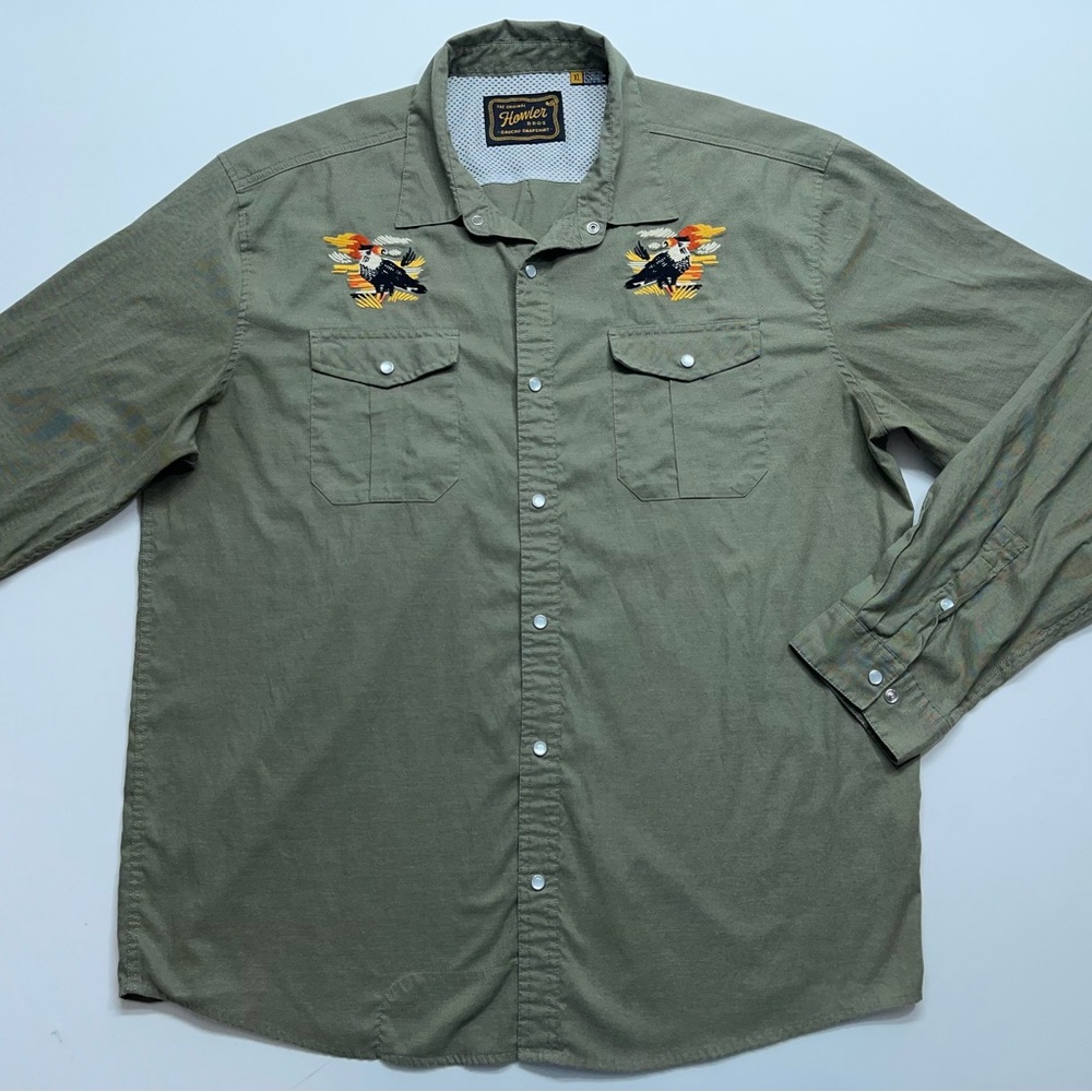 Howler Bros Gaucho SnapShirt Mens Size XL Green Caracaras Hawks Rodeo Vented - Picture 2 of 16